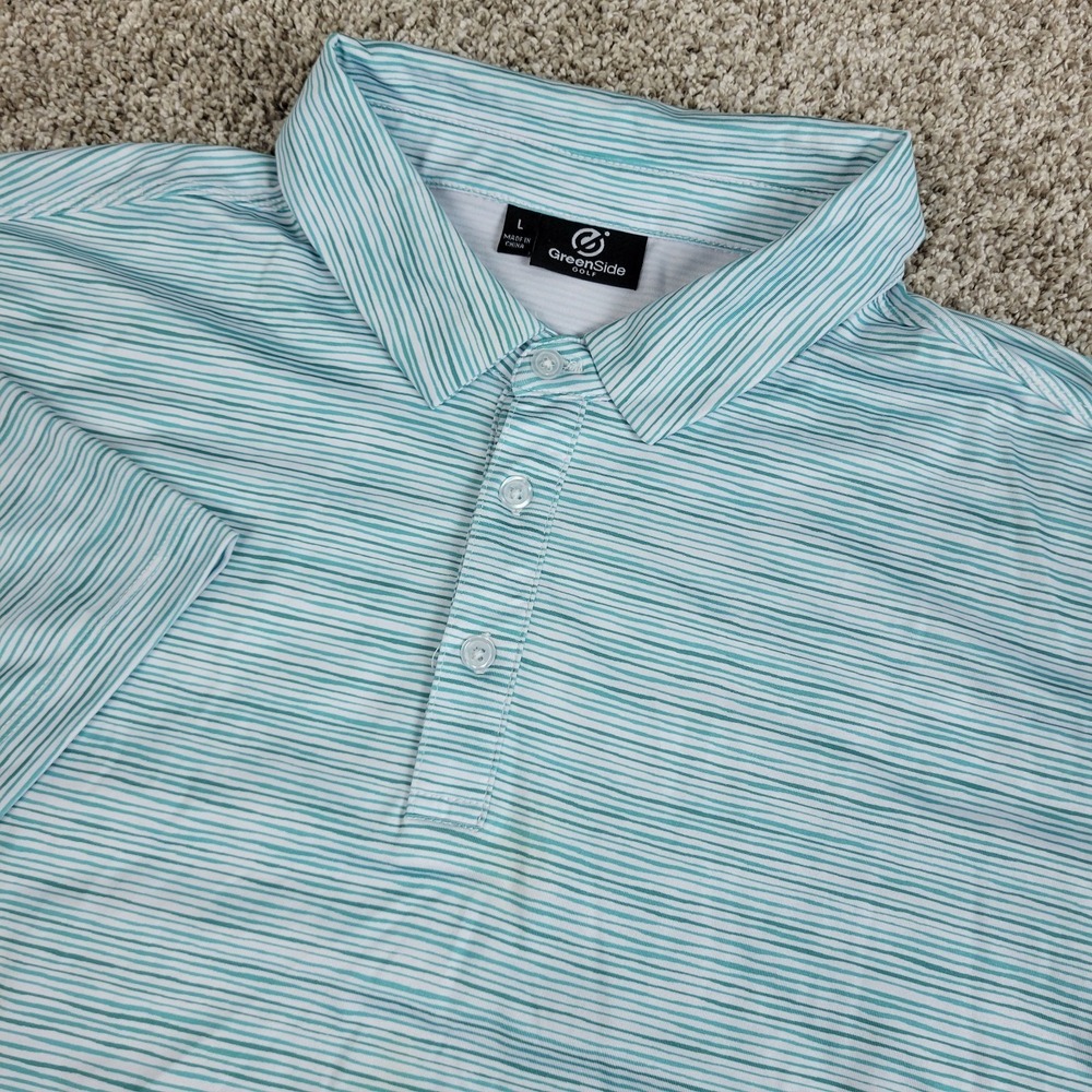 GreenSide Golf Mens Large Blue White Striped Performance Stretch Golf Polo SS